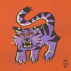 a drawing of a purple tiger on an orange background