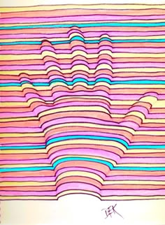 an abstract drawing with lines and shapes in pink, blue, yellow and orange colors