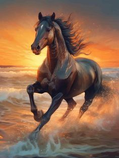 a painting of a horse running in the ocean at sunset or sunrise with waves crashing on it