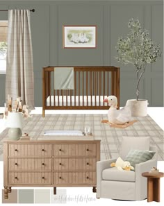 a baby's nursery room with neutral colors and accessories, including a crib