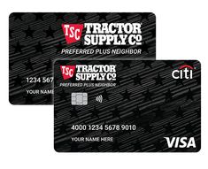 two black and white credit cards with the words tractor supply on them, one has a red