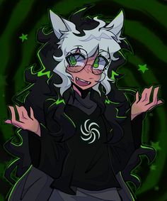 an anime character with white hair and green eyes, wearing black shirt and grey pants