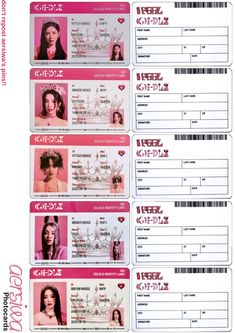 four different id cards with the names of people in japanese characters and symbols on them