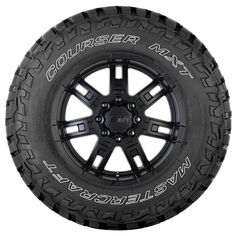 an all terrain tire with black spokes and white lettering