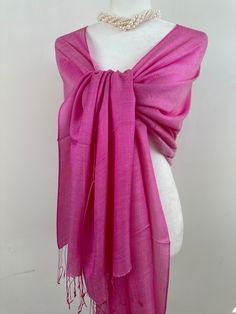 "This is an all season shawl. This versatile shawl can be used to dress up an outfit for a special evening, a wedding or as a neck scarf in the winter. Easy to carry anywhere, perfect for when you need it at a restaurant or at the office in air conditioning or a cool summer evening. Effortlessly give a dress a new look by simply adding this shawl. A must have when you travel! COLOR MATCHING/ACURACY The color is very close however is not exact, I tried to to capture the colour as acurately as pos Pink Pashmina Shawl Scarf, Pink Pashmina Shawl For Wedding, Silk Shawl Scarf For Wedding, Pink Silk Pashmina Shawl, Silk Wedding Shawl Scarf, Elegant Pink Scarves For Wedding, Elegant Dupatta As Gift, Pink Pashmina Shawl, Pink Silk Shawl Scarf For Wedding