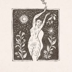 a black and white drawing of a woman reaching up to the sun with her hand