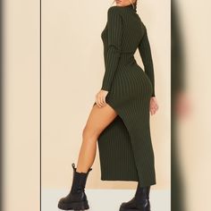 Fits Small/Medium Green Knit Dress Outfit, Green Knit Dress, Army Green Sweater, Hunter Green Dresses, Chicago Outfit, Green Sweater Dress, Navy Blue Midi Dress, Dress Doll, Midaxi Dress