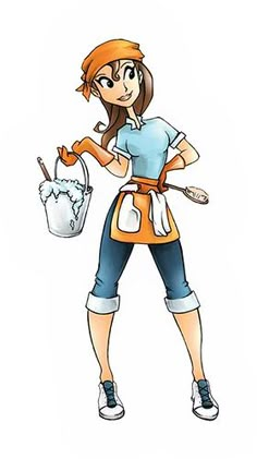 a woman in an apron holding a bucket and whisk on the side of her hand