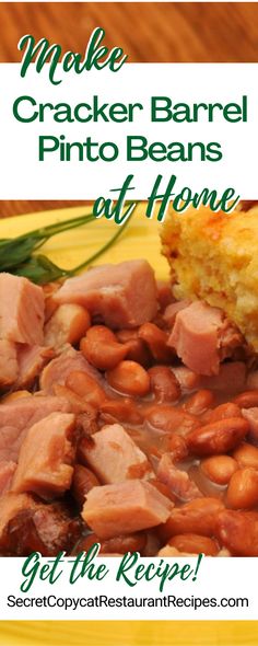 a yellow plate topped with ham and beans