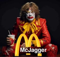 a man in clown makeup sitting on the ground with a drink and mcdonald's logo