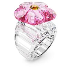 Accentuated with a glowing touch of floral color, this bold cocktail ring combines bright tones with contemporary design. The piece is almost entirely formed from beautifully facetted crystals, featuring a clear ring topped with a flower in luscious pink. This is an SCS limited-edition online exclusive for SCS members only. It features a limited-edition engraving. Swarovski Ring, Ring Flower, Crystal Ornament, Crystal Decor, Members Only, Floral Color, Pink Ring, Faceted Crystal, Crystal Pearls