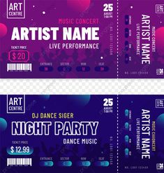 two concert ticket templates with purple and blue colors