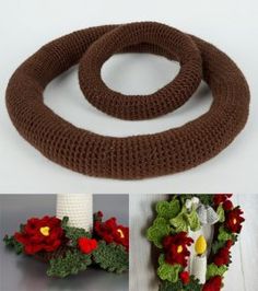 three different pictures of wreaths with flowers on them and one is made out of knitted yarn