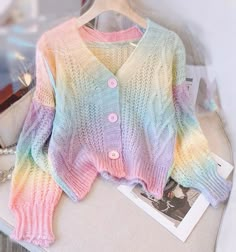 Pastel Rainbow Cropped Sweater Cardigan Kawaii Fashion Aesthetic Colorful Cropped Sweater, Cute Bright Colored Outfits, Aesthetic Pastel Clothes, Pastel Striped Sweater, Pastel Rainbow Shirt, Pastel Rainbow Cardigan, Pastel Rainbow Outfit Aesthetic, Pastel Rainbow Aesthetic Outfit, Pastel Feminine Outfits