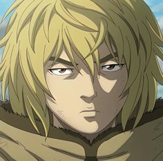 an anime character with blonde hair and blue eyes looking at the camera while staring straight ahead