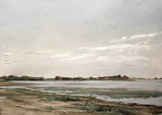 an oil painting of a beach with water and land in the background on a cloudy day