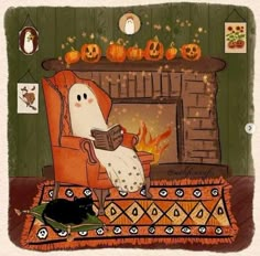 a ghost sitting in a chair reading a book next to a fire place with pumpkins on the fireplace