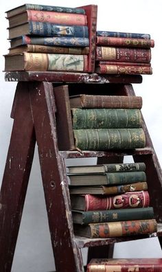 an old wooden ladder with many books on it