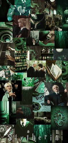 the collage shows many different images in green, black and white colors with an image of