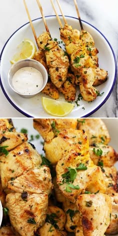 grilled chicken skewers with dipping sauce and lemon wedges