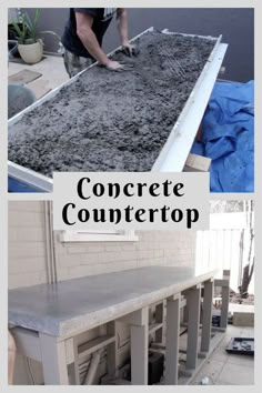 concrete counter top being constructed with the words concrete countertop above it and below it