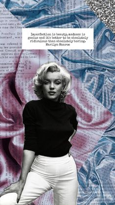 marilyn monroe in black shirt and white pants with pink background, text on the left side