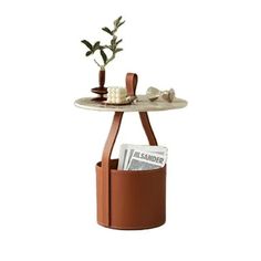 a table with a magazine holder and a potted plant on the top that is holding magazines