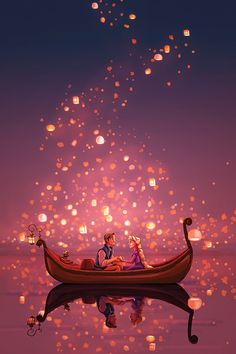 a man and woman in a boat floating on top of water with lanterns flying above