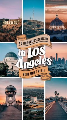 the los angeles skyline is shown in this collage with many different photos and words