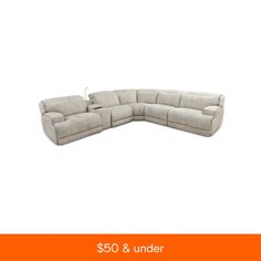 an image of a sectional sofa with the text $ 350 & under on it in orange and white