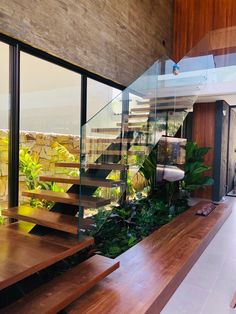 the stairs are made of wood and glass with plants growing on them, along with greenery