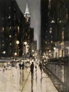 a painting of people walking in the rain at night with buildings and street lights behind them