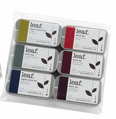 four different colors of leaf ink in plastic bags with the words leaf on each side