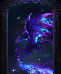 a purple and blue dragon is flying through the air in front of an arch with stars