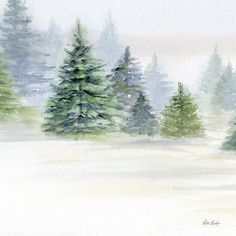 watercolor painting of trees in the snow