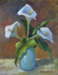 a painting of white flowers in a blue vase