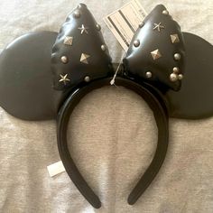 Tokyo Disney, Exclusive Minnie Mouse Black Leather Studded Headband Black Silver, Minnie Mouse, Tokyo, Black Leather, Hair Accessories, Women Accessories, Disney, Women Shopping, Leather