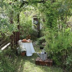 an outdoor table set up in the middle of a garden