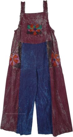 These bohemian cotton overalls are one-sized and feature unique patchwork designs highlighted by three distinctive floral patterns.  Each piece is slightly different but maintains similar color tones, predominantly in shades of purple, blue, and vibrant accents. #tlb #Sleeveless #Patchwork #bohemianfashion #Handmade #hippieoveralls Purple Cotton Patchwork Bottoms, Purple Patchwork Cotton Bottoms, Purple Cotton Jumpsuits And Rompers For Summer, Spring Cotton Jumpsuits And Rompers In Hippie Style, Spring Hippie Cotton Jumpsuits And Rompers, Bohemian Cotton Jumpsuits And Rompers With Patchwork, Spring Cotton Jumpsuits And Rompers, Hippie Style, Bohemian Blue Bottoms With Floral Patchwork, Summer Patchwork Overall Bottoms