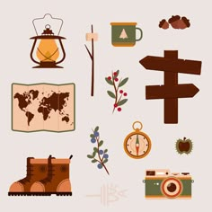 various items are arranged in the shape of a map, compass, camera and other things