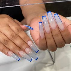 Blue And Clear Acrylic Nails, Blue Clear Acrylic Nails, Clear And Blue Nails, Clear Blue Acrylic Nails, Blue Tip Acrylic Nails, Long Acrylic Nails Blue, Blue Tips Nails, Baddie Simple Nails, Blue Baddie Nails