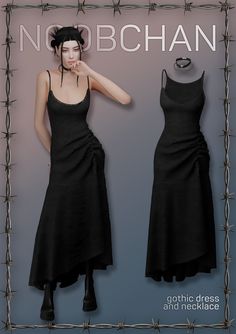 a woman in a black dress is standing next to a barbed wire frame with the words noobchain on it