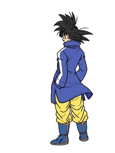 the dragon ball gohan character in blue and yellow pants, with his back turned to the