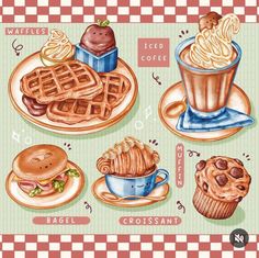 an illustration of different types of waffles, coffee and ice cream on plates