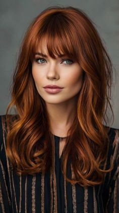 Soft Fall Hair Colors Dark Copper Curtain Bangs for Effortless Style 🌟 Golden Copper Hair Color, Roux Auburn, Light Auburn Hair Color, Light Auburn