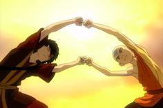 two anime characters holding hands in front of the sun and cloudy sky, with their arms stretched out to each other