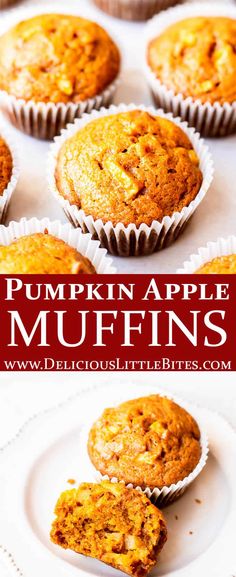 pumpkin apple muffins on a white plate with the title in red above it