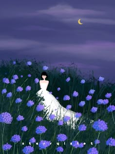 a painting of a woman sitting in a field of blue flowers with the moon behind her