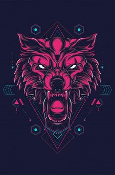 the head of a wolf with an open mouth and geometric shapes on it's face