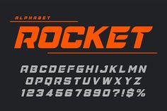 an orange and black alphabet with the letters rocket